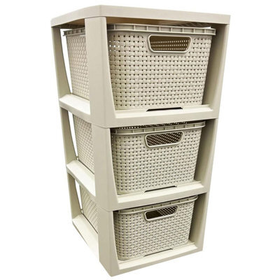 Pluto Packaging 1 X 3 Drawer Cream Stylish Rattan Effect Commode Baskets Home Office Storage Unit - image 1