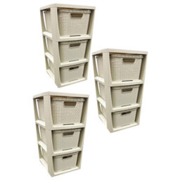Pluto Packaging 1 X 3 Drawer Cream Stylish Rattan Effect Commode Baskets Home Office Storage Unit - thumbnail 3