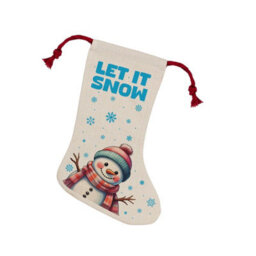 Purely Home Let It Snow Happy Snowman Christmas Stocking - Novelty Xmas Gift/décor Linen-Style With Red Drawstring Ties - thumbnail 1