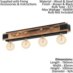 Stylish Semi Flush Ceiling Light With Black Steel And Wood Finish For E27 Bulbs - thumbnail 2