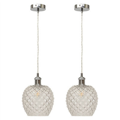 First Choice Lighting Set Of 2 Baine - Clear Textured Glass Chrome Retro Pendant Fittings - image 1