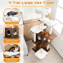 Costway Wooden Cat Tower Large Modern Cat Tree Tower Multi-Level Cat Play Center Indoor - thumbnail 5