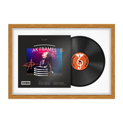 "AK Frames 25X17"" Oak Classic Vinyl Record Frame With White Mount For 12 Inch Lp Cover & Disc - Overlapped Design" - image 1