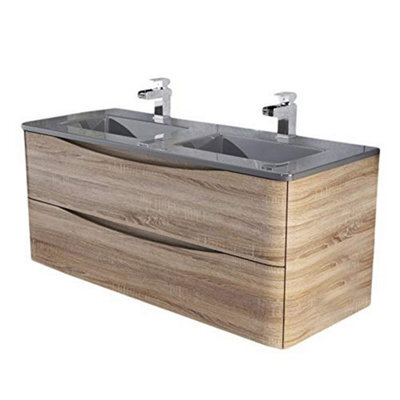 Plum&clay Eden Light Oak Wall Hung Vanity Unit With Grey Glass Basin (W)1200mm - image 1