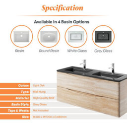 Plum&clay Eden Light Oak Wall Hung Vanity Unit With Grey Glass Basin (W)1200mm - thumbnail 7