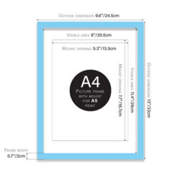 A4 Light Blue Picture Frame With Mount For A5 (14.8 X 21Cm - 5.8 X 8.3In) Poster, Photo, Artwork, Or Print. - thumbnail 2
