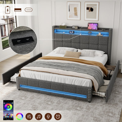 Btm 4Ft6 Double Linen Bed, 4 Drawers With Led Rivet Headboard   Usb Type C Charging Station, Grey (No Mattress) - image 1