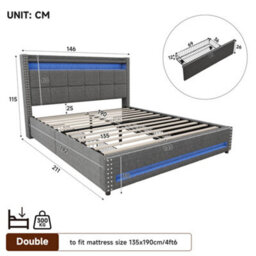 Btm 4Ft6 Double Linen Bed, 4 Drawers With Led Rivet Headboard   Usb Type C Charging Station, Grey (No Mattress) - thumbnail 9