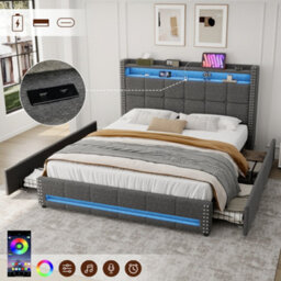 Btm 4Ft6 Double Linen Bed, 4 Drawers With Led Rivet Headboard   Usb Type C Charging Station, Grey (No Mattress) - thumbnail 1