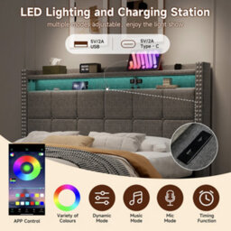 Btm 4Ft6 Double Linen Bed, 4 Drawers With Led Rivet Headboard   Usb Type C Charging Station, Grey (No Mattress) - thumbnail 6