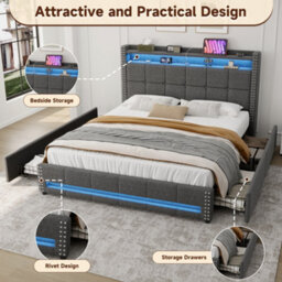 Btm 4Ft6 Double Linen Bed, 4 Drawers With Led Rivet Headboard   Usb Type C Charging Station, Grey (No Mattress) - thumbnail 5