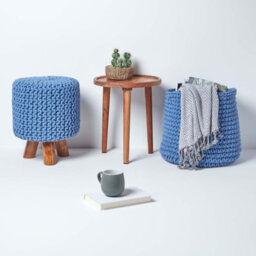 Homescapes Blue Tall Cotton Knitted Footstool On Legs - thumbnail 6