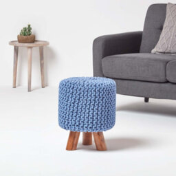 Homescapes Blue Tall Cotton Knitted Footstool On Legs - thumbnail 2
