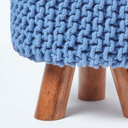 Homescapes Blue Tall Cotton Knitted Footstool On Legs - thumbnail 4