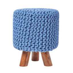 Homescapes Blue Tall Cotton Knitted Footstool On Legs