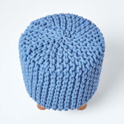 Homescapes Blue Tall Cotton Knitted Footstool On Legs - thumbnail 3