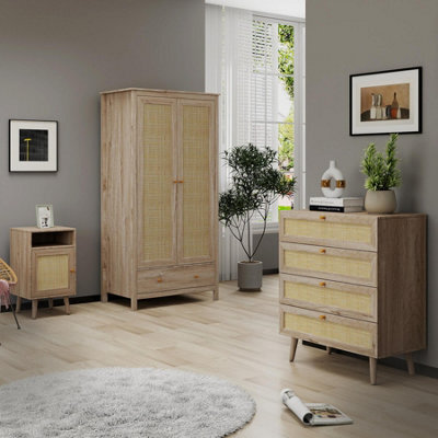 Willow Oak Real Rattan 3 Piece Bedroom Set 2 Door 1 Drawer Wardrobe 1 Door Bedside 4 Drawer Chest - image 1