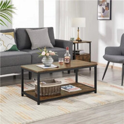 Rustic Brown Industrial Coffee Table W/ Storage Shelf Vintage Wood Side Table For Living Room - thumbnail 3
