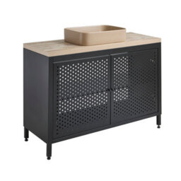 Homestylestore 1200mm Black Metal Floorstanding Bathroom Vanity Unit Light Oak Countertop And Rectangular Sand Basin - thumbnail 1