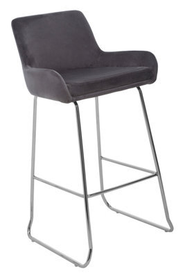 Orsina Grey Velvet Bar Chair With Low Arms, Contemporary Sled Base Bar Stool With Chrome Footrest - image 1