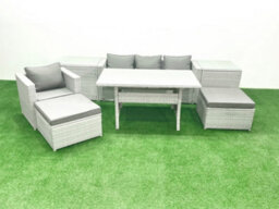 Fimous Rattan Garden Furniture Set Outdoor 6 Seater Patio Dining Sets Glass Top Dining Table 2 Side Tables Light Grey - thumbnail 1