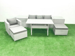 Fimous Rattan Garden Furniture Set Outdoor 6 Seater Patio Dining Sets Glass Top Dining Table 2 Side Tables Light Grey - thumbnail 2