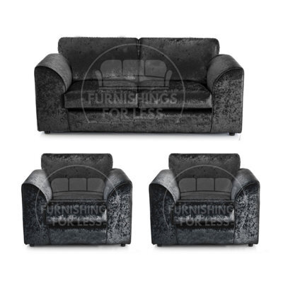 Furnishings For Less UK Crystal Crushed Velvet 3 Piece Sofa Set - 3 1 1 Black - Full Back - image 1