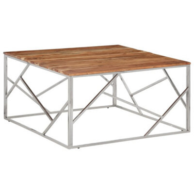 Berkfield Coffee Table Silver Stainless Steel And Solid Wood Acacia - image 1