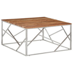 Berkfield Coffee Table Silver Stainless Steel And Solid Wood Acacia - thumbnail 1