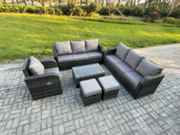 Fimous 9 Seater Rattan Lounge Sofa Set Outdoor Garden Furniture Set With Rectangular Coffee Table - thumbnail 2