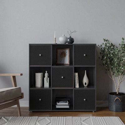 Urbn-Living Urbnliving 9 Cube Black Wooden Bookcase Shelving Unit With 5 Collapsible Fabric Drawers - Black - image 1