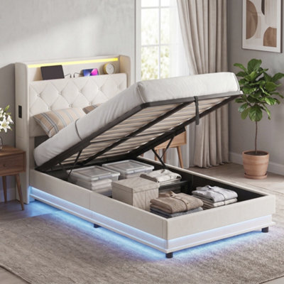 Homcom Lift Up Storage Bed Frame With Rgb Led Lights 90 X 190Cm Cream White - image 1