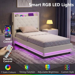Homcom Lift Up Storage Bed Frame With Rgb Led Lights 90 X 190Cm Cream White - thumbnail 5