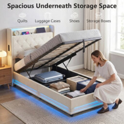 Homcom Lift Up Storage Bed Frame With Rgb Led Lights 90 X 190Cm Cream White - thumbnail 4
