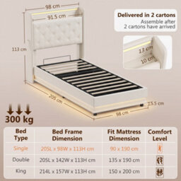 Homcom Lift Up Storage Bed Frame With Rgb Led Lights 90 X 190Cm Cream White - thumbnail 3