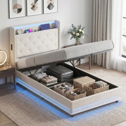 Homcom Lift Up Storage Bed Frame With Rgb Led Lights 90 X 190Cm Cream White - thumbnail 2