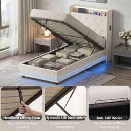 Homcom Lift Up Storage Bed Frame With Rgb Led Lights 90 X 190Cm Cream White - thumbnail 8