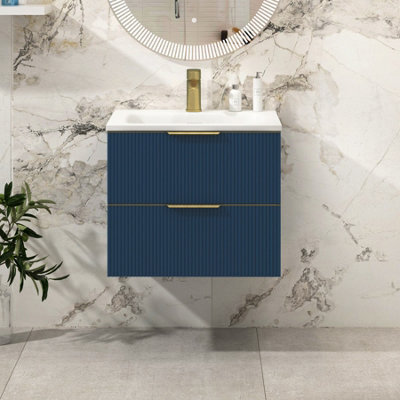 Royal Bathrooms Evora 600mm Midnight Blue Fluted Wall Hung Bathroom Vanity Unit 2 Drawer Cabinet Storage With Stone Basin & Brushed Brass Handles - image 1