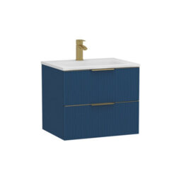Royal Bathrooms Evora 600mm Midnight Blue Fluted Wall Hung Bathroom Vanity Unit 2 Drawer Cabinet Storage With Stone Basin & Brushed Brass Handles - thumbnail 7