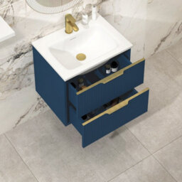 Royal Bathrooms Evora 600mm Midnight Blue Fluted Wall Hung Bathroom Vanity Unit 2 Drawer Cabinet Storage With Stone Basin & Brushed Brass Handles - thumbnail 5