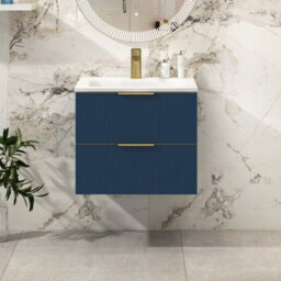 Royal Bathrooms Evora 600mm Midnight Blue Fluted Wall Hung Bathroom Vanity Unit 2 Drawer Cabinet Storage With Stone Basin & Brushed Brass Handles