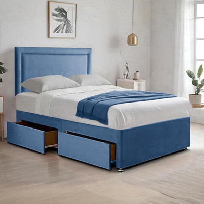 Blue Plush 6Ft Super King Size Bed With Matttress  2 Storage Drawers And 20 Inch Plain Borderd Headboard - image 1