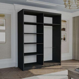 M N Furniture Ltd Wardrobe With Led Light Modern Sliding Door Wardrobe - Adjustable Interior Bedroom Cabinet With Curved Mirror (Black,150Cm) - thumbnail 3