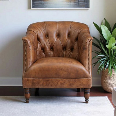 Xample Harrington Vintage Brown Leather Armchair, Waxed Aniline, Hand-Tied Buttoning, Antique Walnut Legs, Fsc Timber Frame - image 1