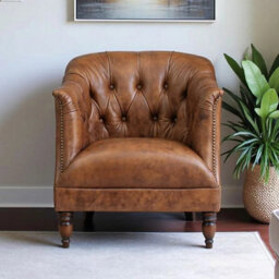 Xample Harrington Vintage Brown Leather Armchair, Waxed Aniline, Hand-Tied Buttoning, Antique Walnut Legs, Fsc Timber Frame - thumbnail 1