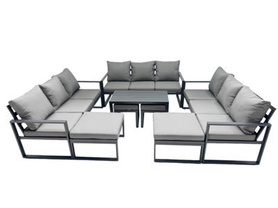 Fimous Outdoor Garden Furniture Set Aluminium Lounge 3 Seat Sofa Oblong Coffee Table Sets With 4 Stools Dark Grey - image 1