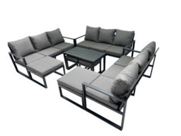 Fimous Outdoor Garden Furniture Set Aluminium Lounge 3 Seat Sofa Oblong Coffee Table Sets With 4 Stools Dark Grey - thumbnail 2