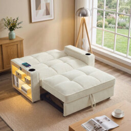 Abrihome 2 Seater Sofa Bed With 7-Colour Led Lights, Corduroy Sleeper Sofa, Cup Holders & Storage, Pull-Out Design, Beige - thumbnail 9