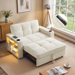 Abrihome 2 Seater Sofa Bed With 7-Colour Led Lights, Corduroy Sleeper Sofa, Cup Holders & Storage, Pull-Out Design, Beige - thumbnail 1