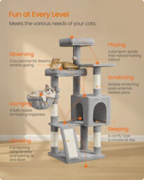 LEDREM Cat Tree, Cat Tower Condo With Scratching Posts And Ramp, 3 Large Beds, Cave, Basket, 2 Pompoms, 136 Cm Tall, Dove Grey - thumbnail 8